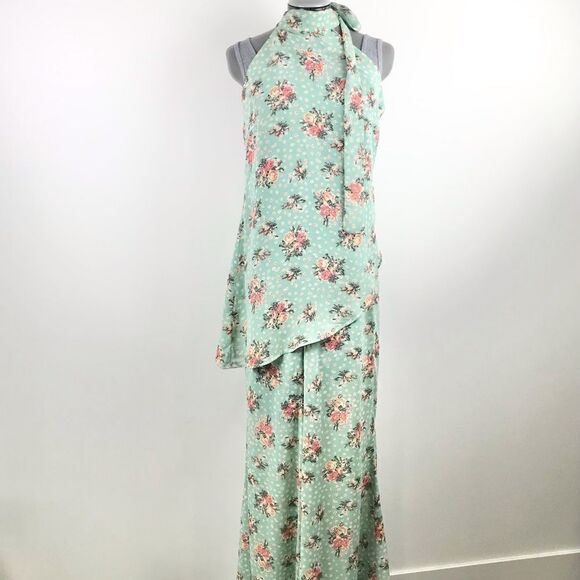 AoBaBa Mint and Rose Floral Silk Blend 2 Piece Halter Top Pantsuit Set - Picture 1 of 16